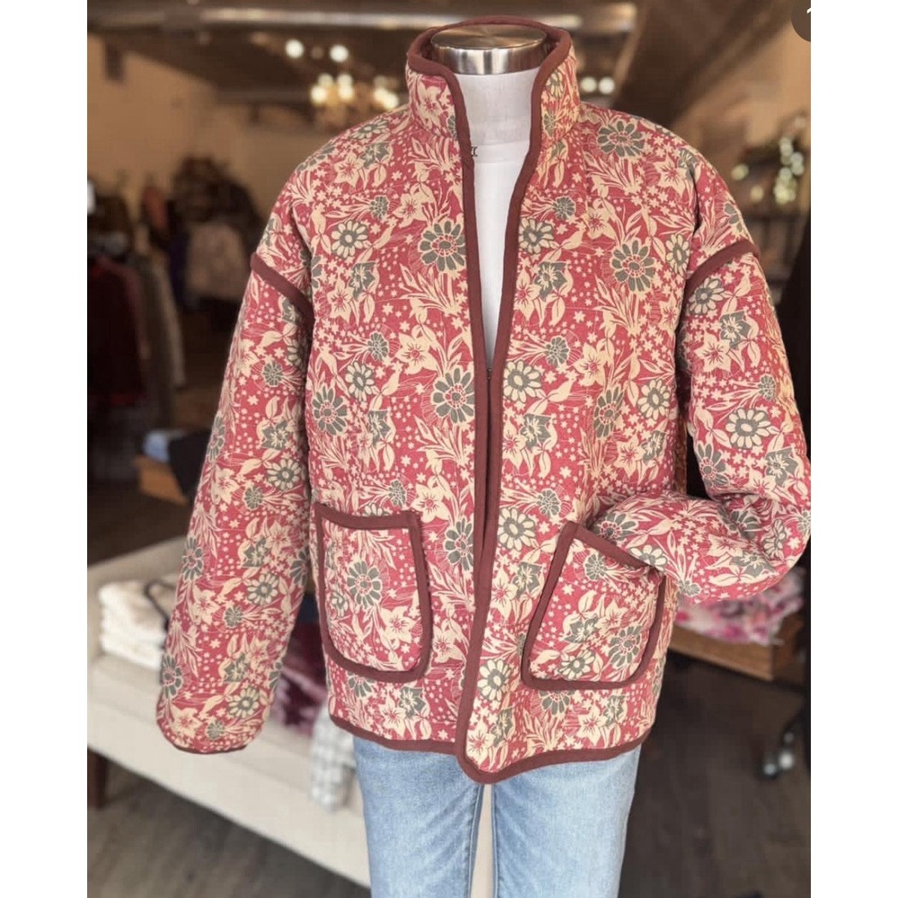 NEW! Doe and Rae Audrey coat, a cotton quilted jacket strawberry floral pattern